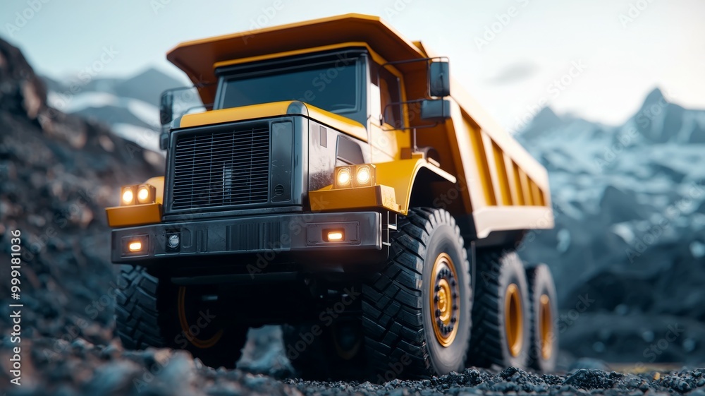A yellow dump truck is driving down a rocky mountain road A yellow dump truck is driving down a rocky mountain road