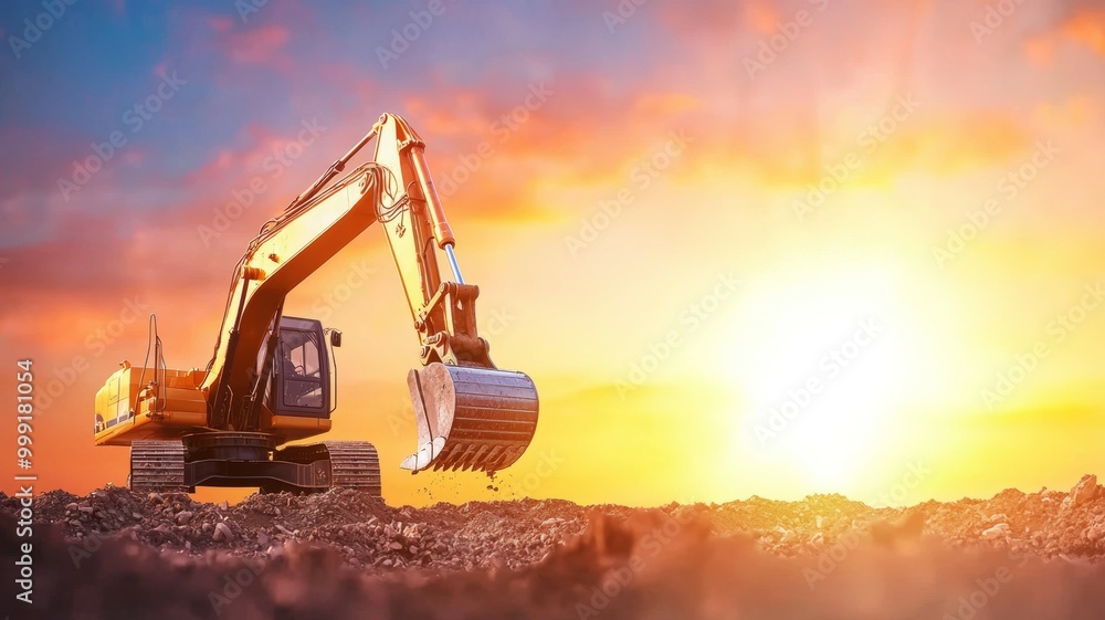 A large yellow excavator is digging in the dirt A large yellow excavator is digging in the dirt