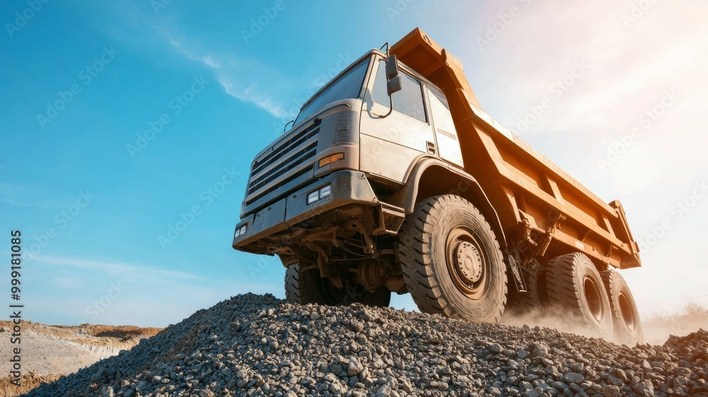 A large dump truck is driving on a rocky road