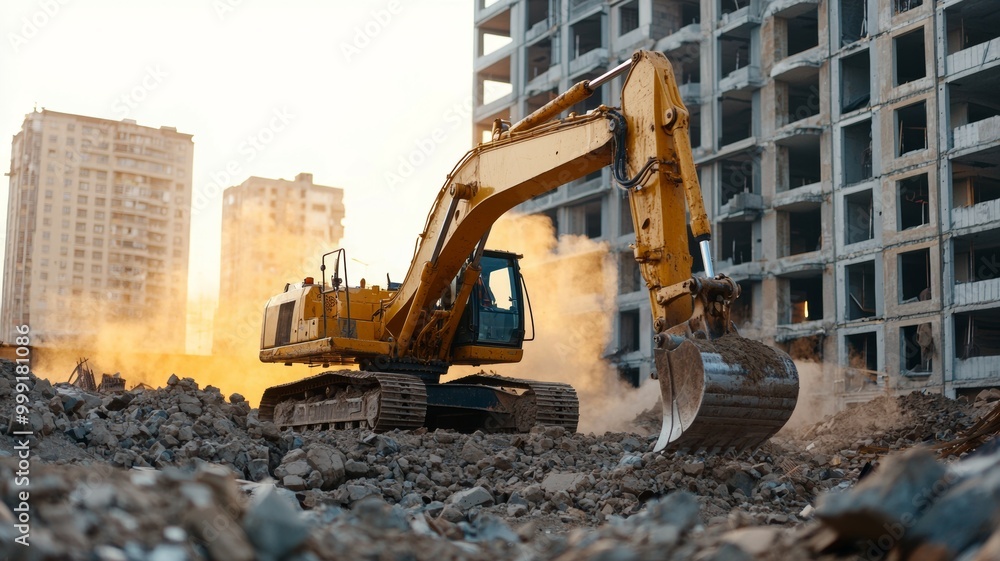 A yellow construction machine is digging into a pile of rubble A yellow construction machine is digging into a pile of rubble