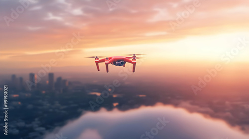 Red Drone Flying Above Clouds at Sunset photo