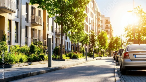 A street with a car parked on the side of the road