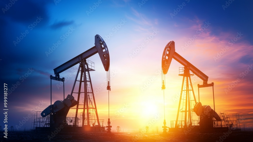 Two oil wells are pumping oil in the evening Two oil wells are pumping oil in the evening
