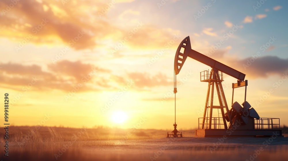 A sunset over a field with a large oil pump A sunset over a field with a large oil pump