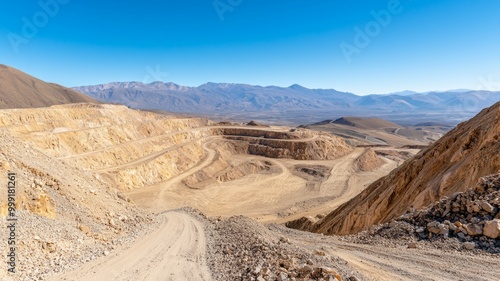 A desolate desert landscape with a dirt road leading to a large pit