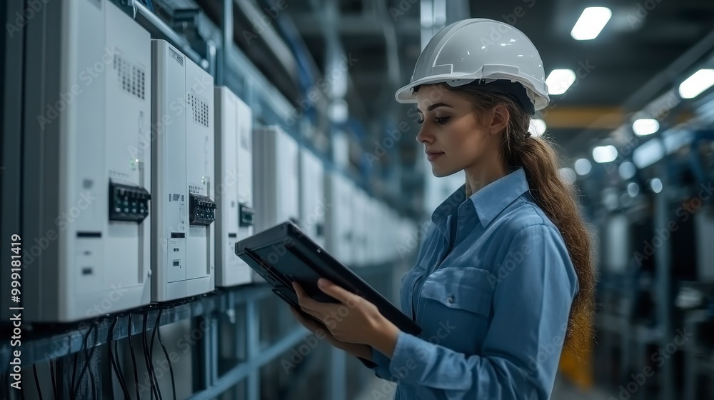 Engineer monitors system, wearing hard hat, using tablet, industrial control room, focused on technical equipment. Engineer monitors system, wearing hard hat, using tablet, industrial control room, focused on technical equipment.