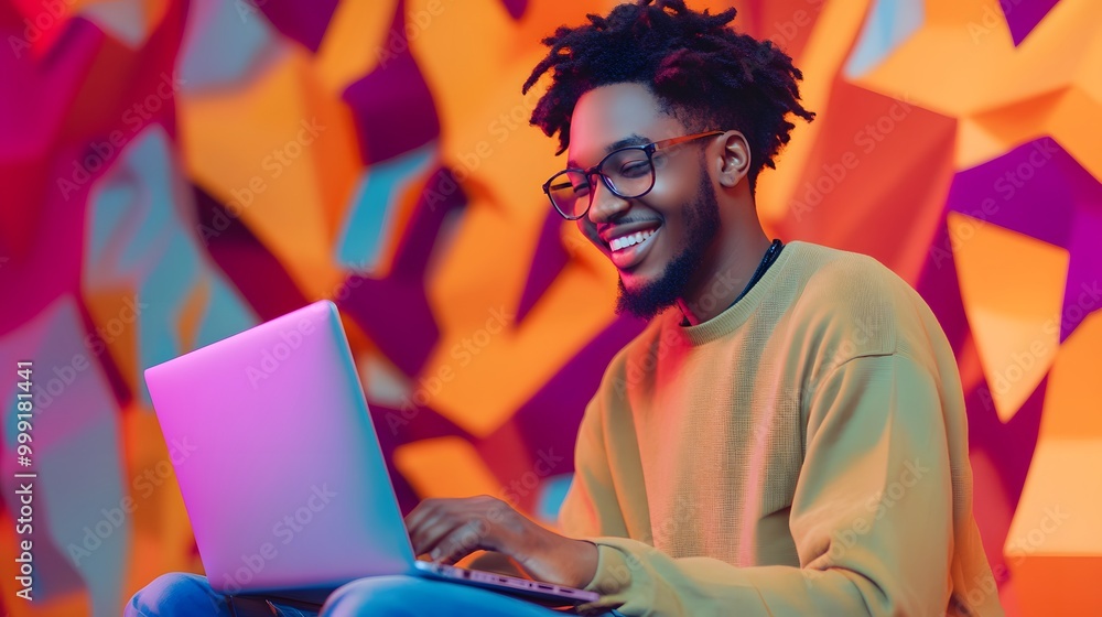 Portrait of happy young man with laptop on color background. Portrait of happy young man with laptop on color background.