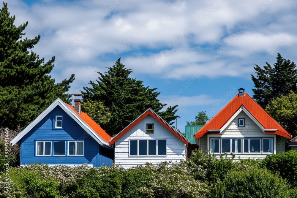 Colorful Scandinavian-style houses with red roofs in a forested setting Colorful Scandinavian-style houses with red roofs in a forested setting