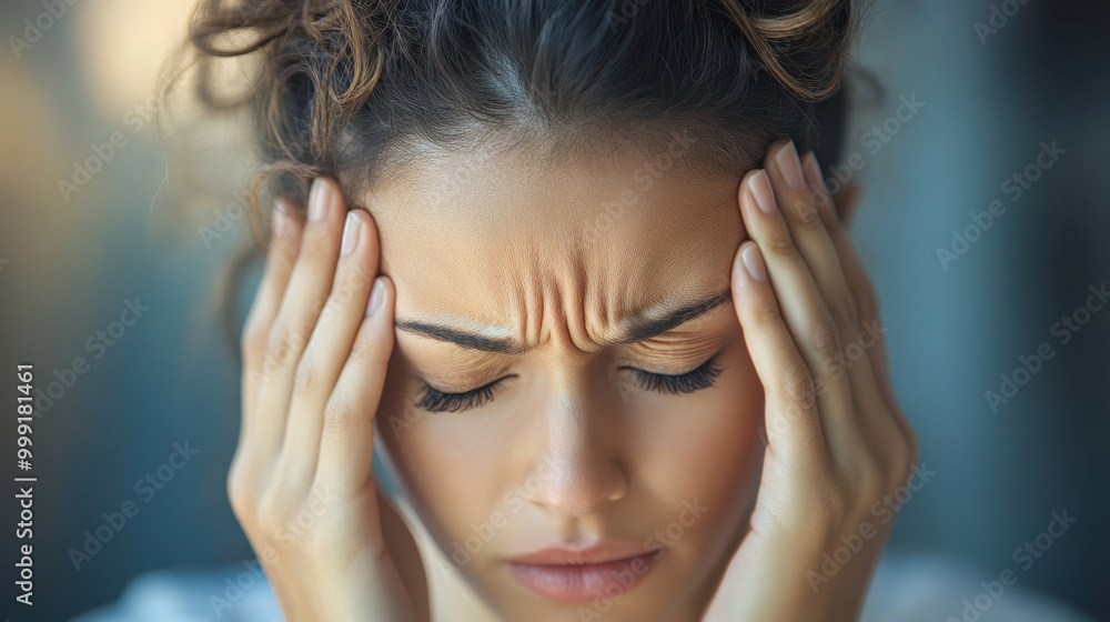Close up of stressed office worker holding her head in pain, expressing frustration and discomfort. image captures emotional toll of work related stress Close up of stressed office worker holding her head in pain, expressing frustration and discomfort. image captures emotional toll of work related stress
