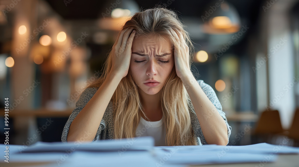 Stressed female professional with pained expression holding her head in modern office setting, surrounded by paperwork and blurred background Stressed female professional with pained expression holding her head in modern office setting, surrounded by paperwork and blurred background