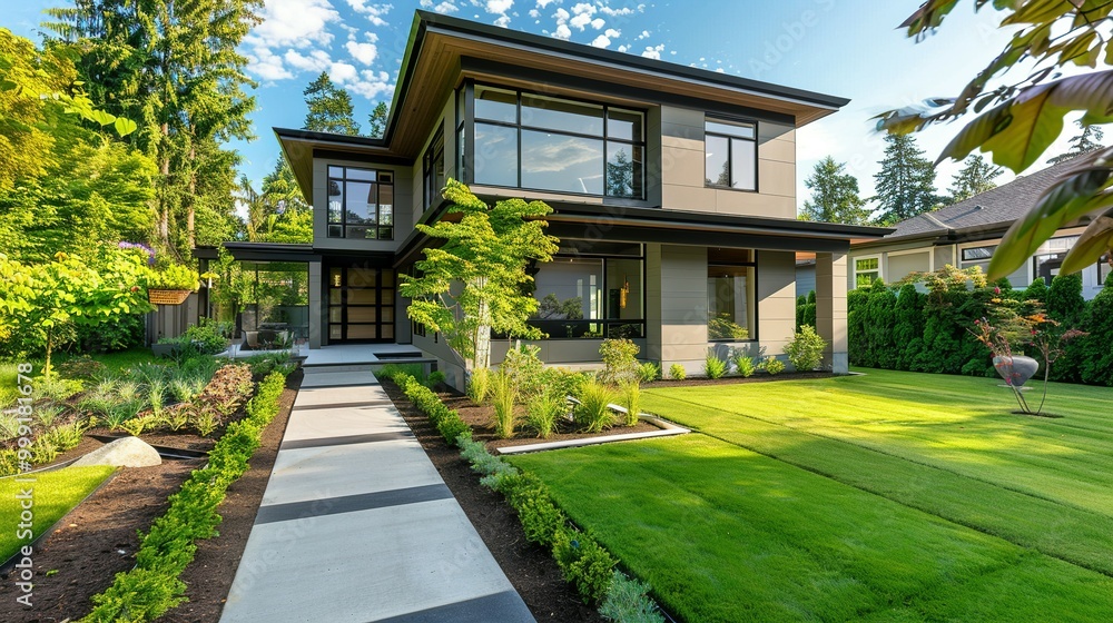 Contemporary Luxury Home: Clean Minimalist Design with Large Windows, Manicured Lawn, and Paved Walkway Contemporary Luxury Home: Clean Minimalist Design with Large Windows, Manicured Lawn, and Paved Walkway