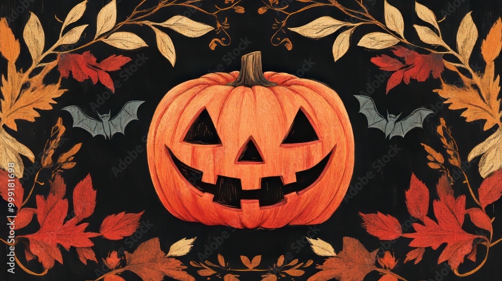 A smiling jack-o-lantern with bats and autumn leaves on a black background. A smiling jack-o-lantern with bats and autumn leaves on a black background.