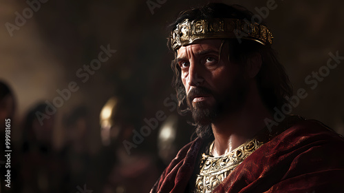 Jesus before pilate, charged air, lowangle shot, chiaroscuro lighting, historical drama style. Chiaroscuro. Illustration