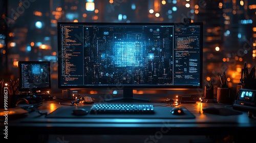 A computer monitor displaying a digital representation of a circuit board and code.