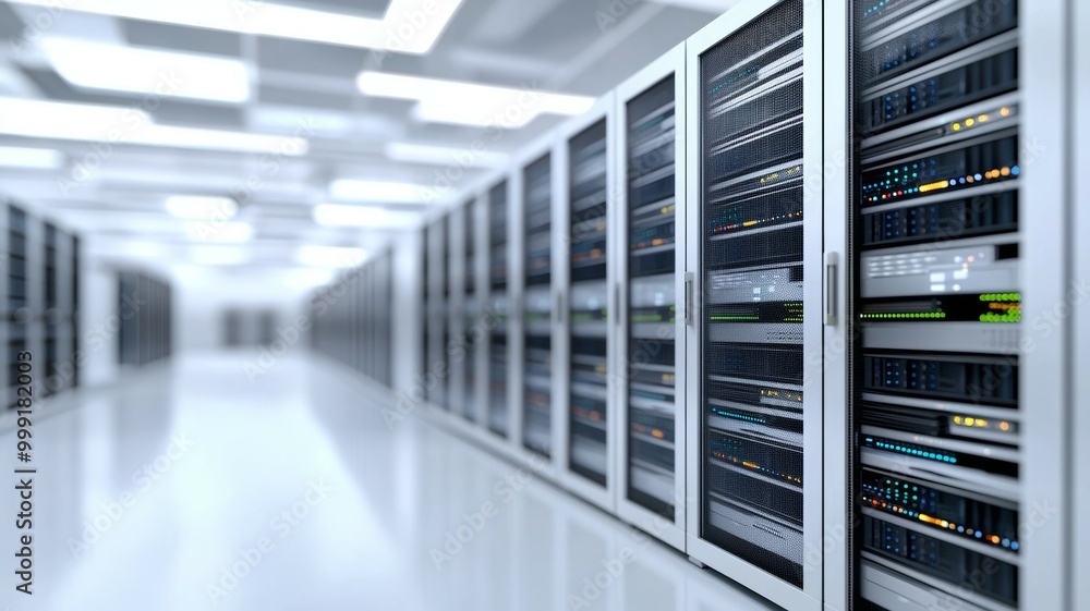 A large room with many servers and a white floor A large room with many servers and a white floor