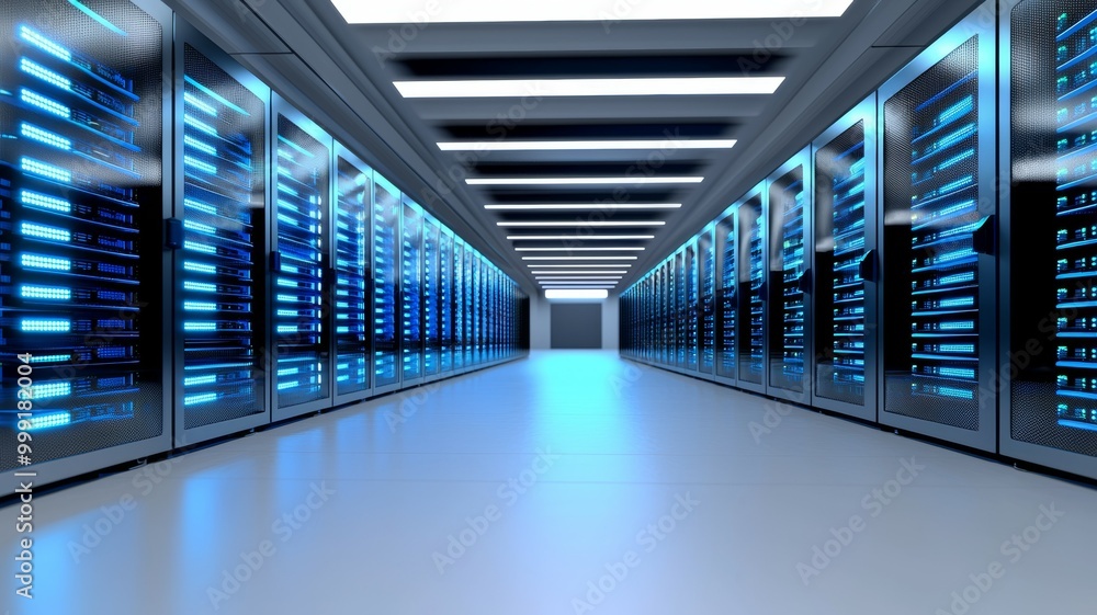 Fototapeta premium A long hallway with many computer servers