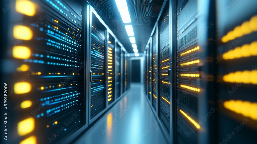 A computer server room with yellow and blue lights A computer server room with yellow and blue lights