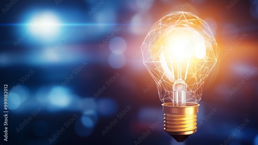 A light bulb is lit up in a blurry background