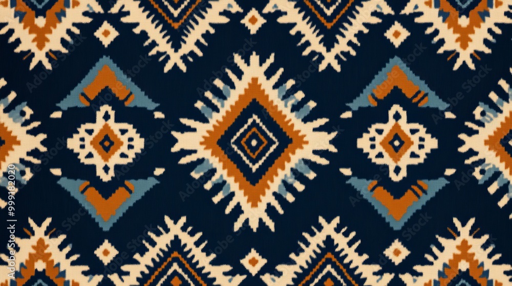 Abstract seamless pattern with geometric shapes in blue, orange and white colors on dark blue background. Abstract seamless pattern with geometric shapes in blue, orange and white colors on dark blue background.
