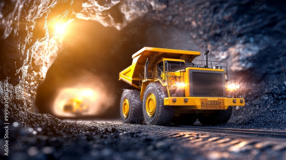 A yellow dump truck is driving through a tunnel A yellow dump truck is driving through a tunnel