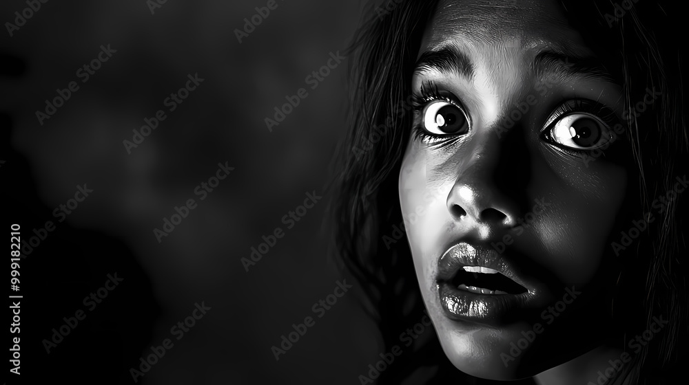Expressive portrait of a tall brown-skin young latina woman with a surprised look - dark and moody monochrome photography gen ai. Chiaroscuro. Illustration Expressive portrait of a tall brown-skin young latina woman with a surprised look - dark and moody monochrome photography gen ai. Chiaroscuro. Illustration