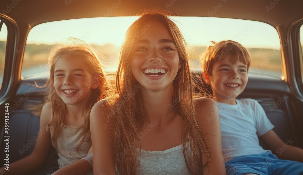 Happy family enjoying a joyful road trip together in their car on an open road filled with natural beauty and laughter Happy family enjoying a joyful road trip together in their car on an open road filled with natural beauty and laughter