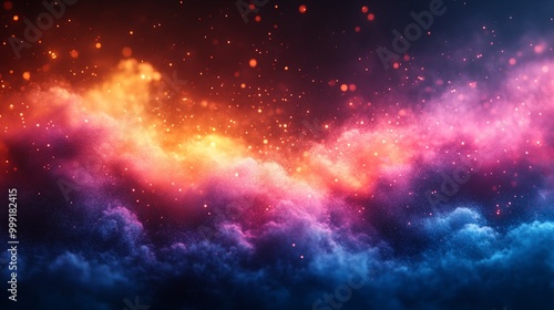 A dark blue, purple, orange and red background with swirling clouds and shimmering stars.