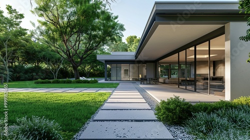 Serene Contemporary Luxury Home: Boasting a Clean Minimalist Design with Large Windows, Manicured Lawn, and Paved Walkway