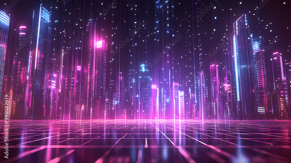 Futuristic cityscape with neon lights and a grid pattern, retro synthwave aesthetic. Retro Illustration Futuristic cityscape with neon lights and a grid pattern, retro synthwave aesthetic. Retro Illustration
