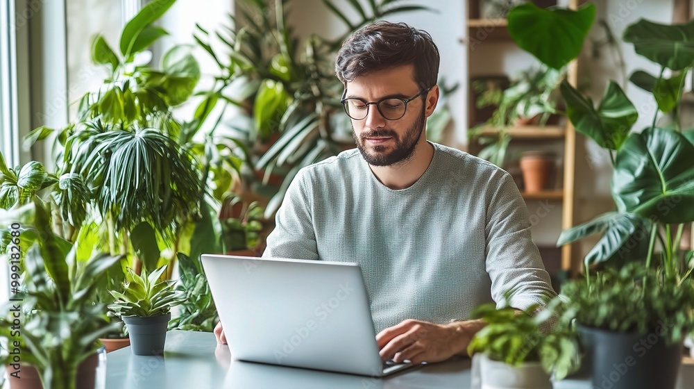 Man Working on Laptop Surrounded by Indoor Plants Man Working on Laptop Surrounded by Indoor Plants