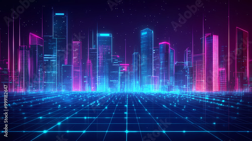 Futuristic cityscape with neon lights and a grid pattern, retro synthwave aesthetic. Retro Illustration