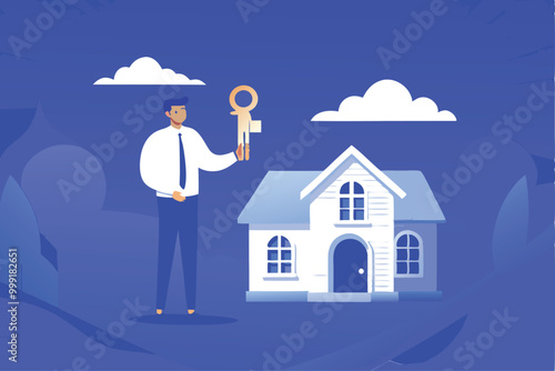 A man in a suit holding a key in front of a house.