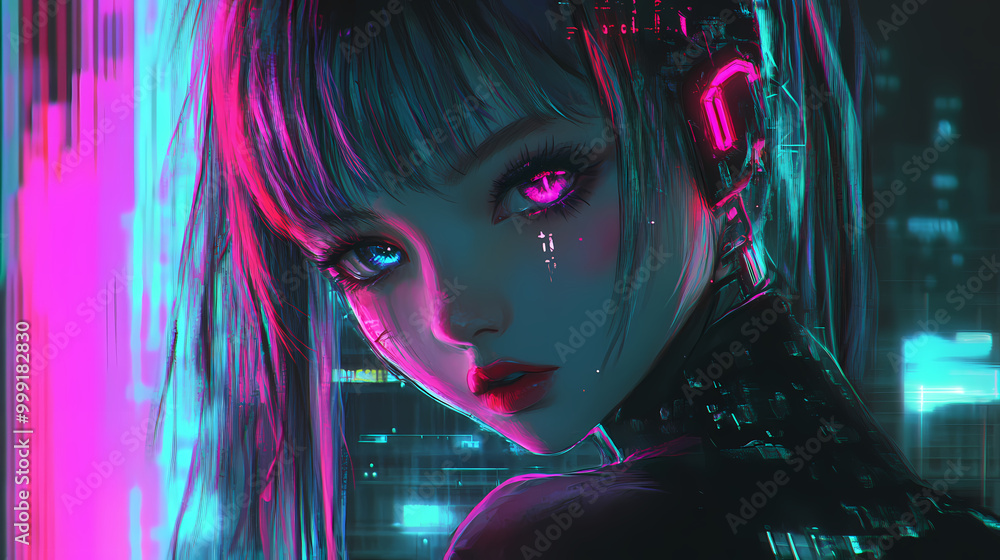 Fototapeta premium Futuristic girl anime style cyberpunk colored hair ai generated image. Anime Style. Illustration