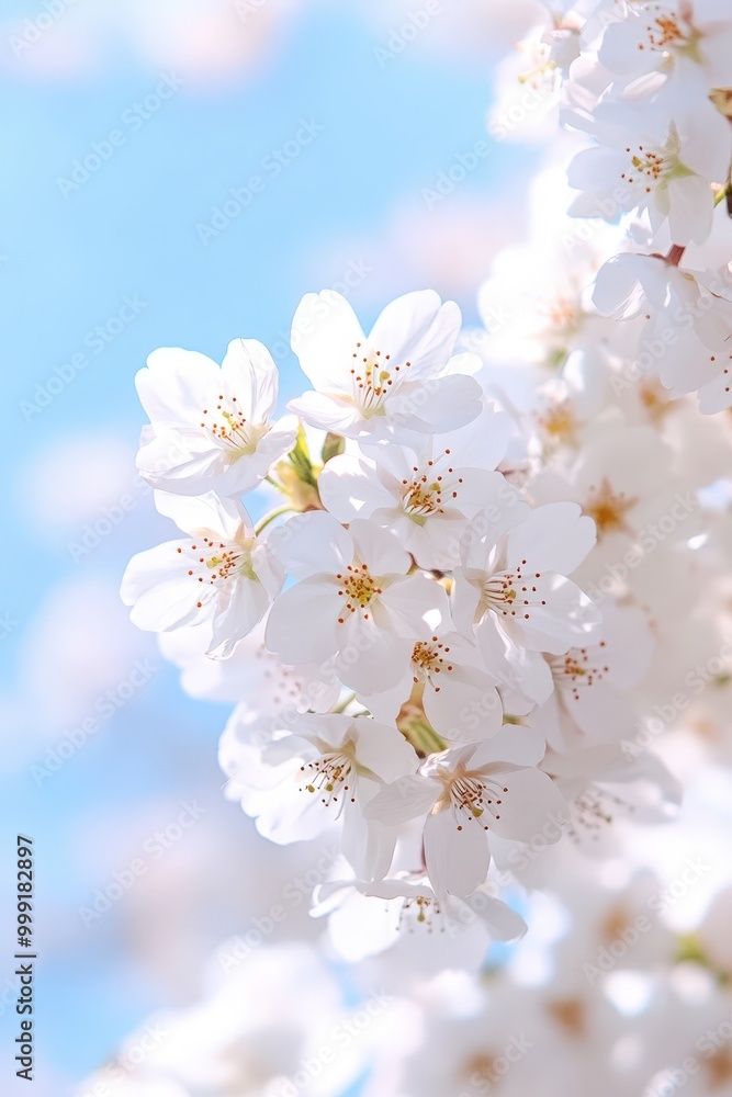 Delicate white cherry blossoms against a soft blue sky Delicate white cherry blossoms against a soft blue sky