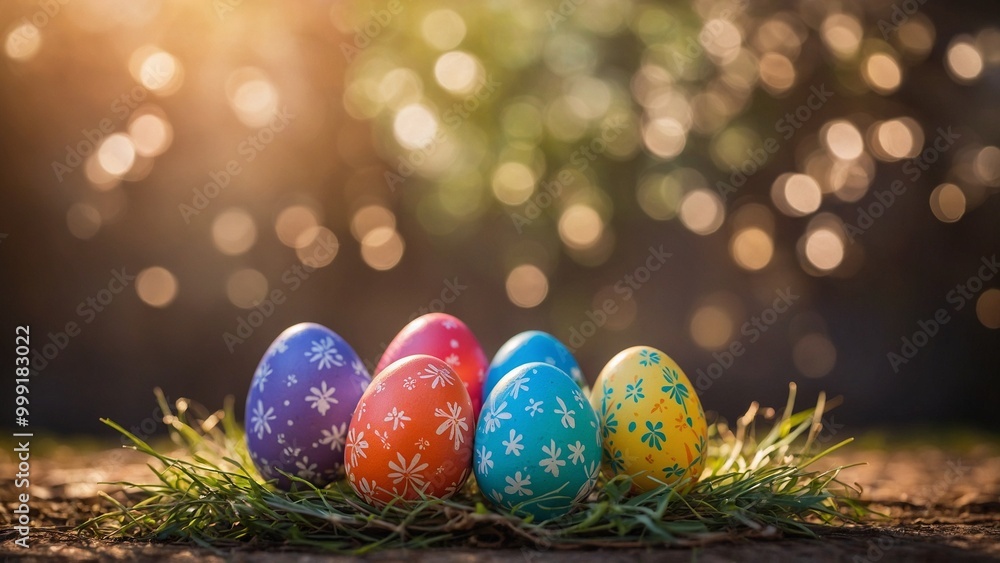 Colorful Easter eggs with grass and bokeh lights background Colorful Easter eggs with grass and bokeh lights background