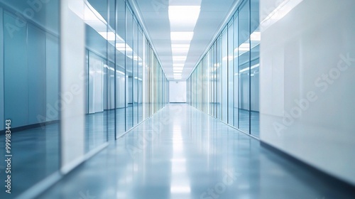 Modern Office Hallway with Glass Walls and Floor Lighting