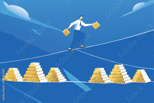 A businessman walks on a tightrope above stacks of gold bars, symbolizing the challenges and risks of financial success.