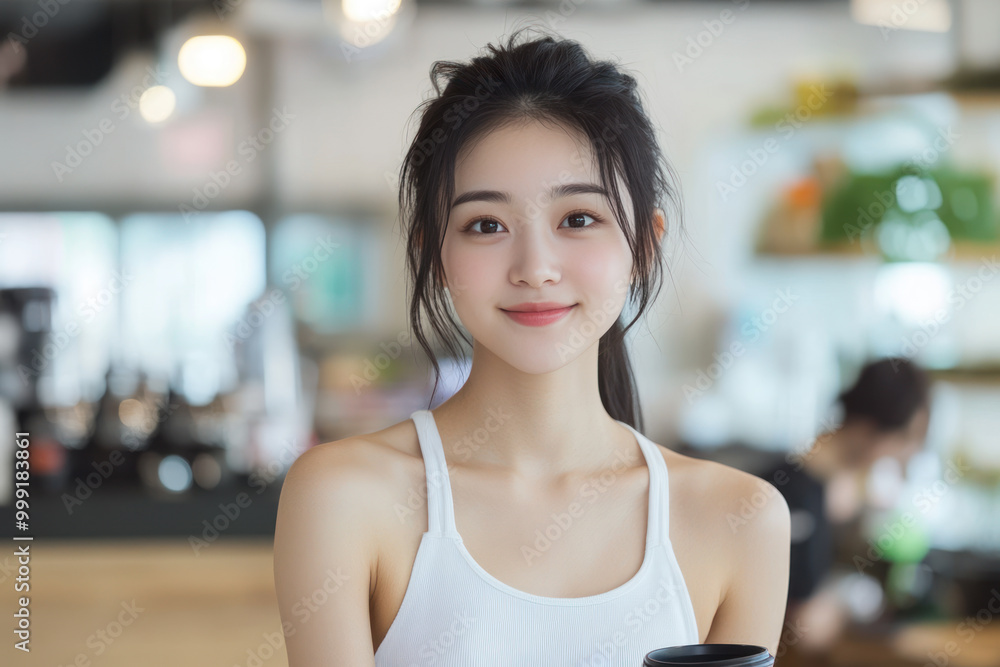 Chinese Woman Smile Wearing White Cloth Holding Cup of Coffee Chinese Woman Smile Wearing White Cloth Holding Cup of Coffee