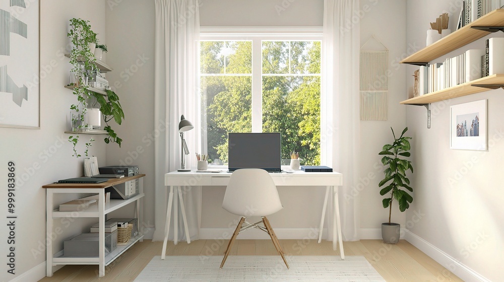 Modern Home Office with Natural Light and Greenery Modern Home Office with Natural Light and Greenery