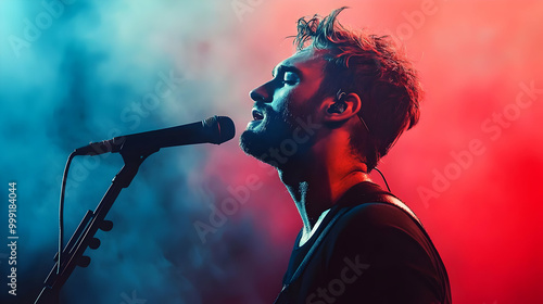 Young Man Singing with Messy Hair and Stubble