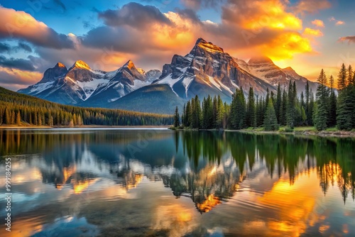 Tranquil Morning Scene unfolds over the mountain lake, where the warm, golden light of sunrise reflects off the water, dramatically contrasting with the towering, snow-capped peaks.