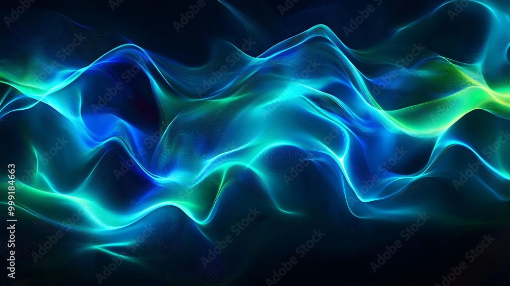 Obraz premium Abstract Teal and Blue Waves: Dynamic digital art showcasing flowing, luminous teal and blue waves on a dark background, perfect for tech, music, or abstract design projects.