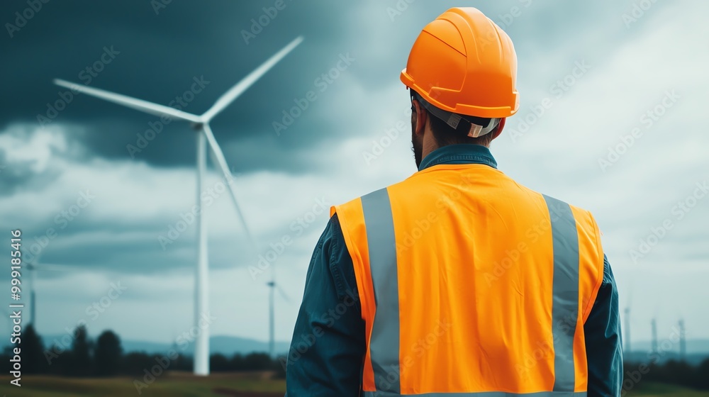 Wind turbine engineer in safety gear, cloudy sky, wideangle shot, dramatic mood Wind turbine engineer in safety gear, cloudy sky, wideangle shot, dramatic mood