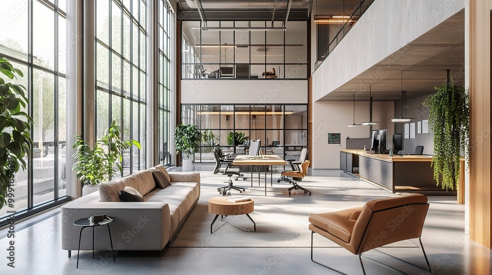 Modern Office Interior with Natural Light and Greenery Modern Office Interior with Natural Light and Greenery