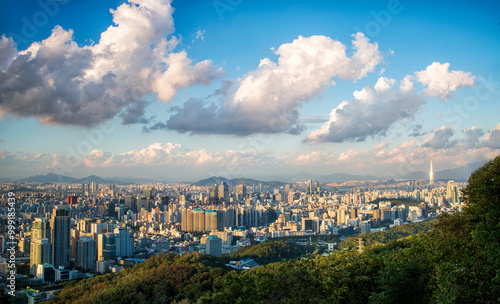 Songpa-gu, Seoul, South Korea - September 18, 2020: Aerial view of downtown Seoul with Lotte World Tower and Han River in the backgound