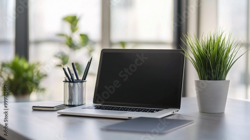 Wallpaper Mural Modern Workspace with Laptop and Green Plant Torontodigital.ca
