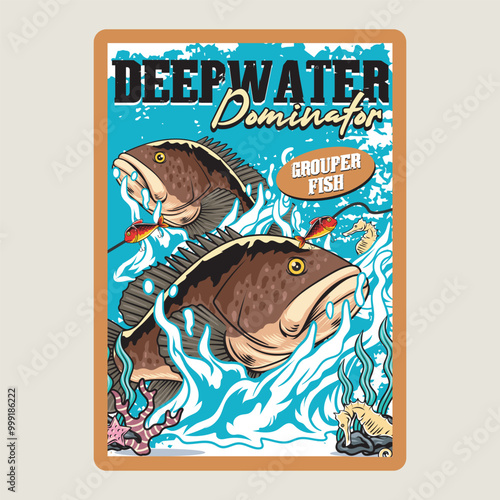 Grouper Fish Deepwater Dominator Sport Fishing in Gray Background Colorful Vector Cartoon Modern Illustration for Poster Tournament