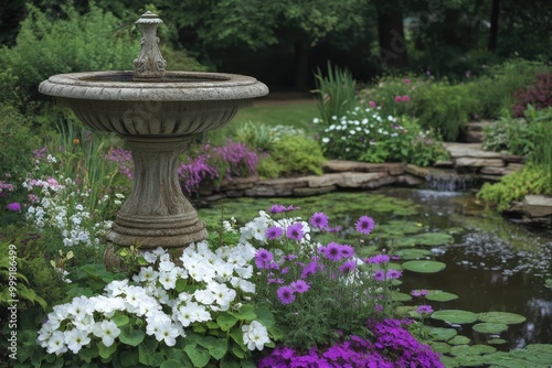 Lush garden with stone fountain and vibrant flowers