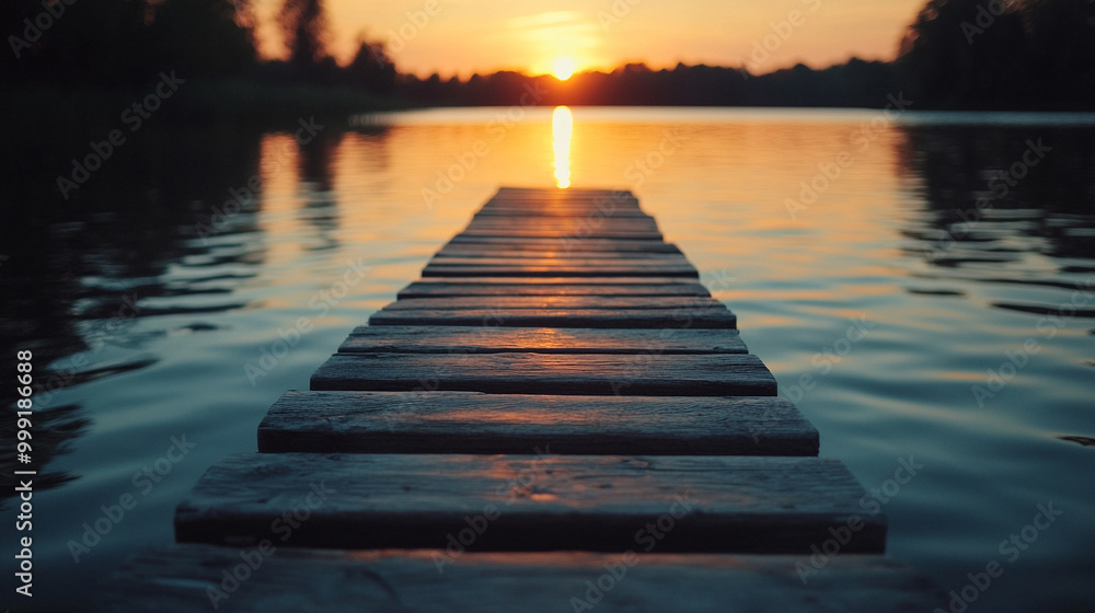 Fototapeta premium serene sunset casts warm hues over a wooden pier extending into a tranquil lake, symbolizing peace and reflection. The interplay of light and water evokes feelings of serenity and connection with natu