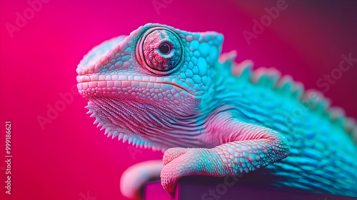 Adorable Chameleon with Neon Pink and Blue Lighting